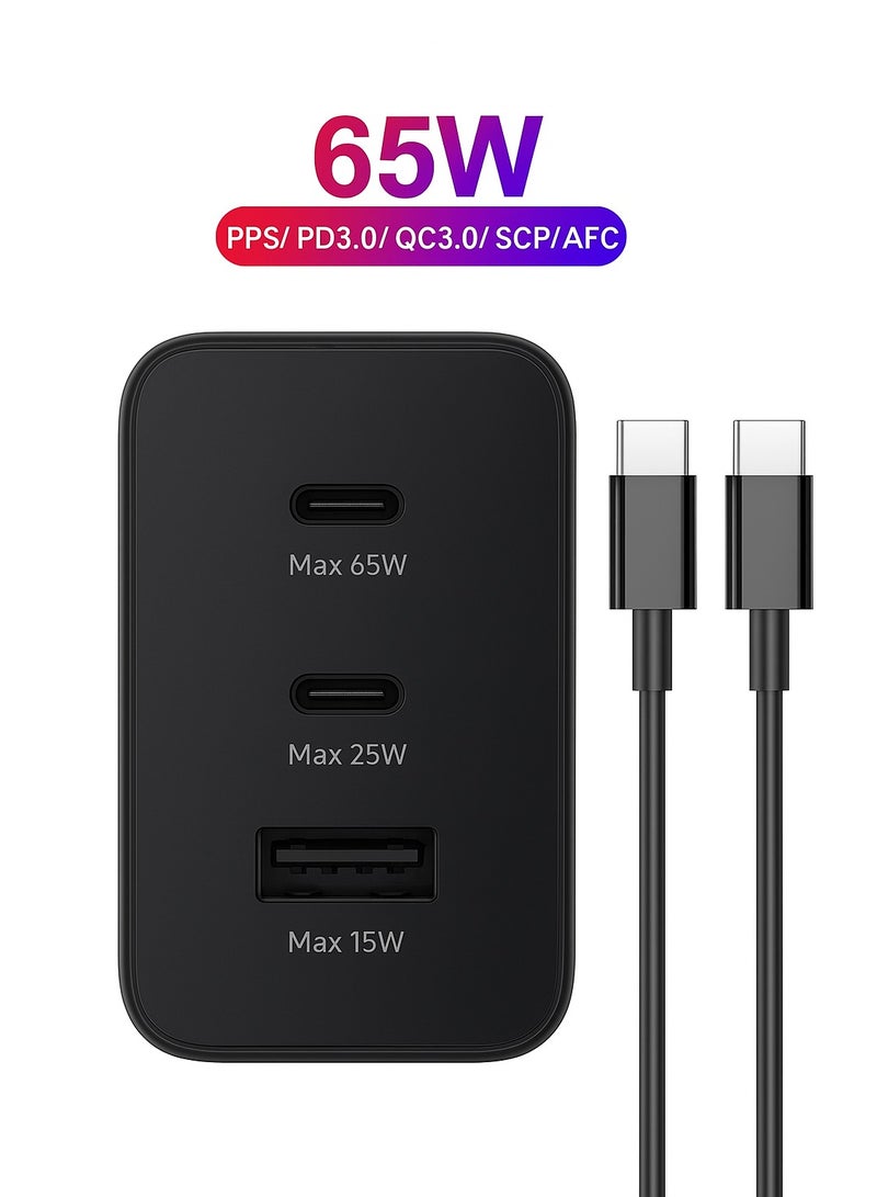 micro speed Super Fast Charger And Cable Set PD 65W 3-Port GaN Type-C Plug QC 3.0 USB-C compatible With All - Image 1