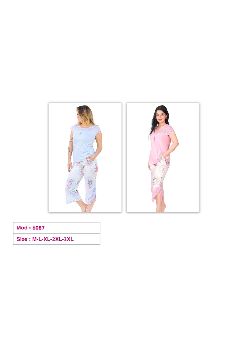 دعدوش  طقم نوم نسائي قطعتين من البوليستر بتصميم زهري، بلوزة بأكمام قصيرة مع دانتيل وبنطلون كابري بطبعة ورود،بيجامة شورت قصير بألوان الصيف الزاهية - Image 3