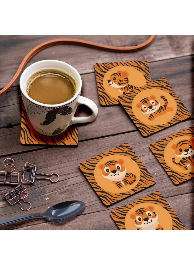 Inkdotpot Set of 6 Drink Coasters Decorative Non,Slip Cork Base 4-inch Square Printed Coasters Easy Clean- Tiger - Image 3