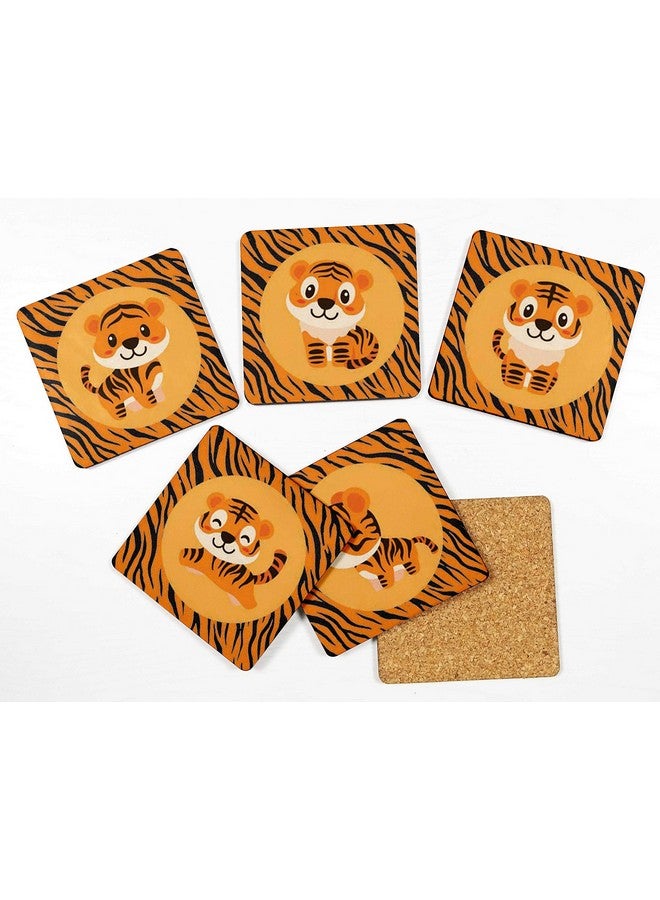 Inkdotpot Set of 6 Drink Coasters Decorative Non,Slip Cork Base 4-inch Square Printed Coasters Easy Clean- Tiger - Image 2