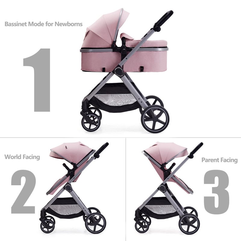 Lortsybab 2 in 1 Baby Stroller, Newborn Infant Toddler Convertible Pram Stroller for 0-36 Months Old Babies (Pink) - Image 2