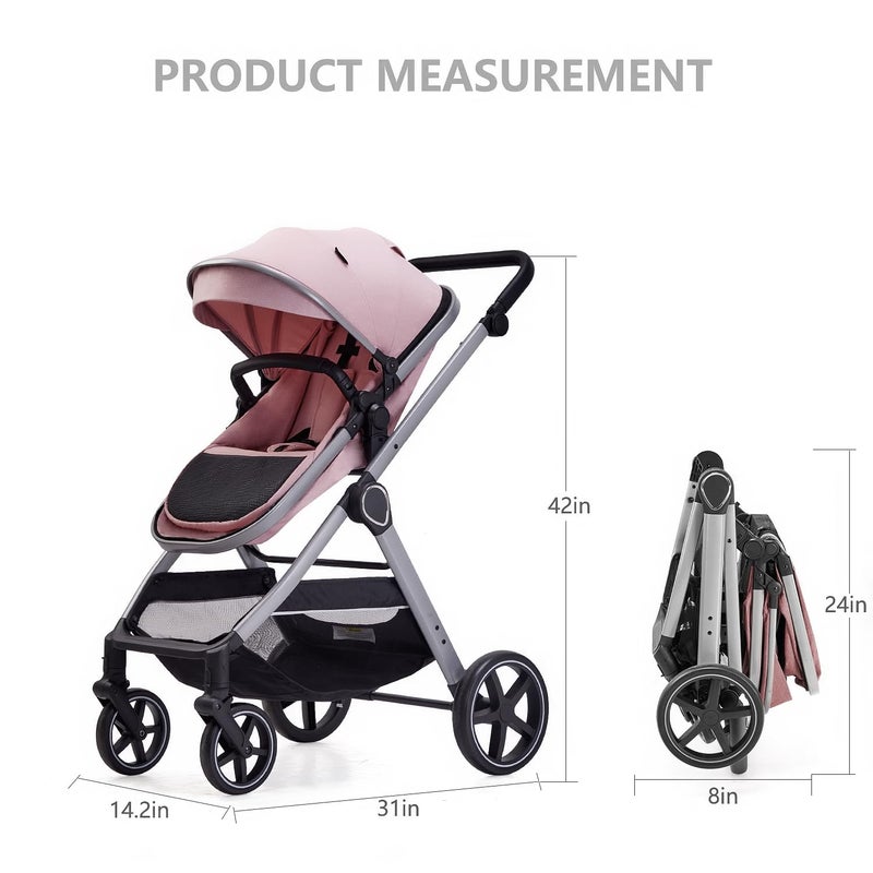 Lortsybab 2 in 1 Baby Stroller, Newborn Infant Toddler Convertible Pram Stroller for 0-36 Months Old Babies (Pink) - Image 5