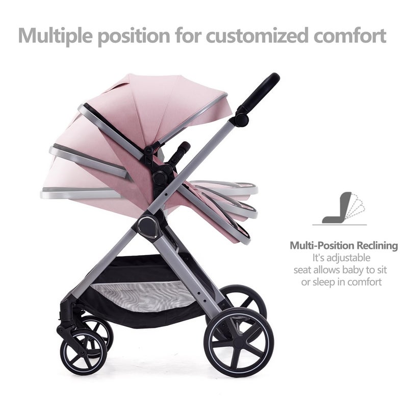 Lortsybab 2 in 1 Baby Stroller, Newborn Infant Toddler Convertible Pram Stroller for 0-36 Months Old Babies (Pink) - Image 3