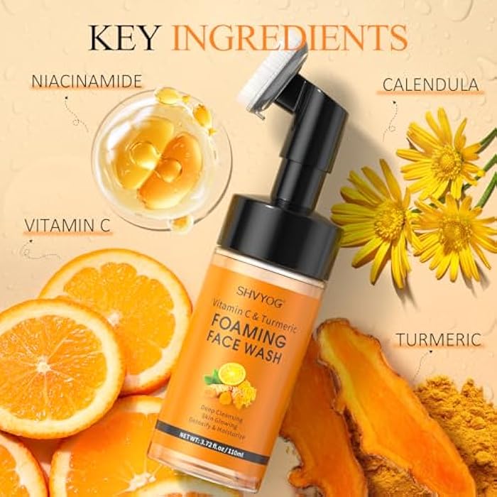 SHVYOG Vitamin C Turmeric Face Wash, Turmeric Foaming Facial Cleanser for Dark Spot, Uneven Skin Tone, Skin Cleansing, Moisturizing, Exfoliating Facial Cleanser with Brush,Unisex - Image 2