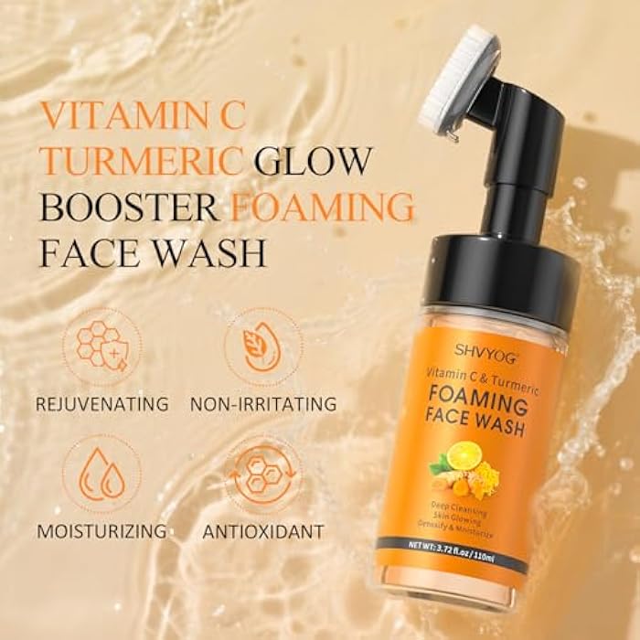 SHVYOG Vitamin C Turmeric Face Wash, Turmeric Foaming Facial Cleanser for Dark Spot, Uneven Skin Tone, Skin Cleansing, Moisturizing, Exfoliating Facial Cleanser with Brush,Unisex - Image 5