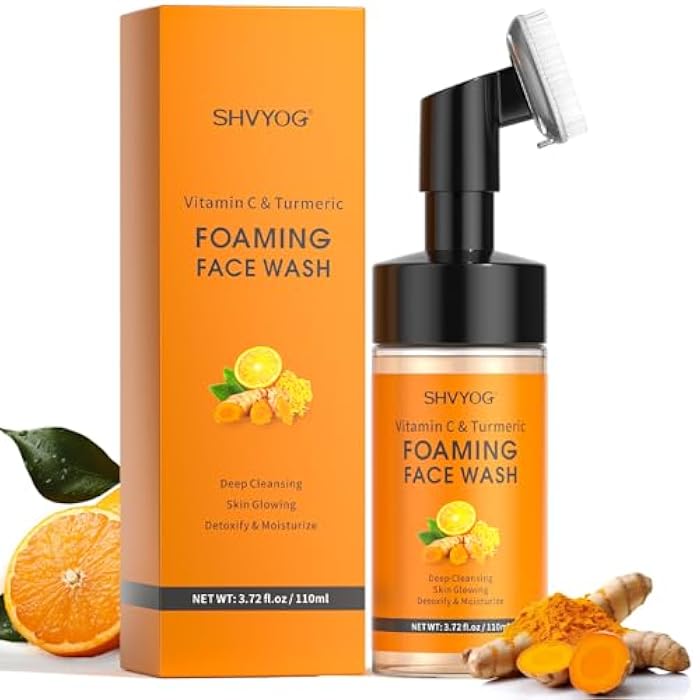 SHVYOG Vitamin C Turmeric Face Wash, Turmeric Foaming Facial Cleanser for Dark Spot, Uneven Skin Tone, Skin Cleansing, Moisturizing, Exfoliating Facial Cleanser with Brush,Unisex - Image 1