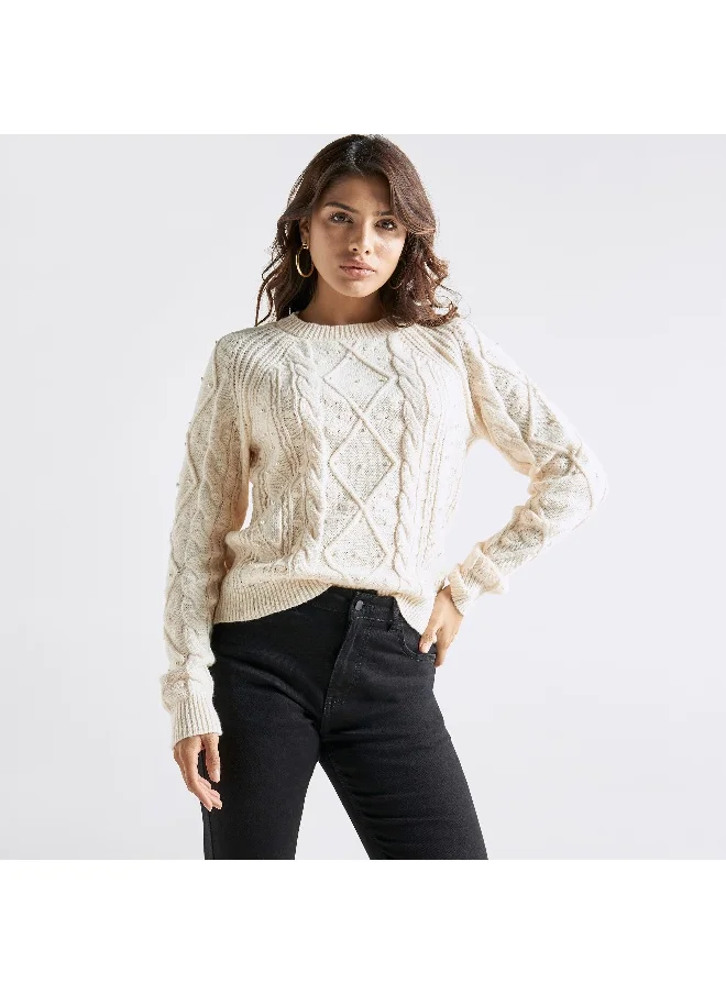 FAV Pearls Embellished Cable Knit Sweater with Crew Neck and Long Sleeves