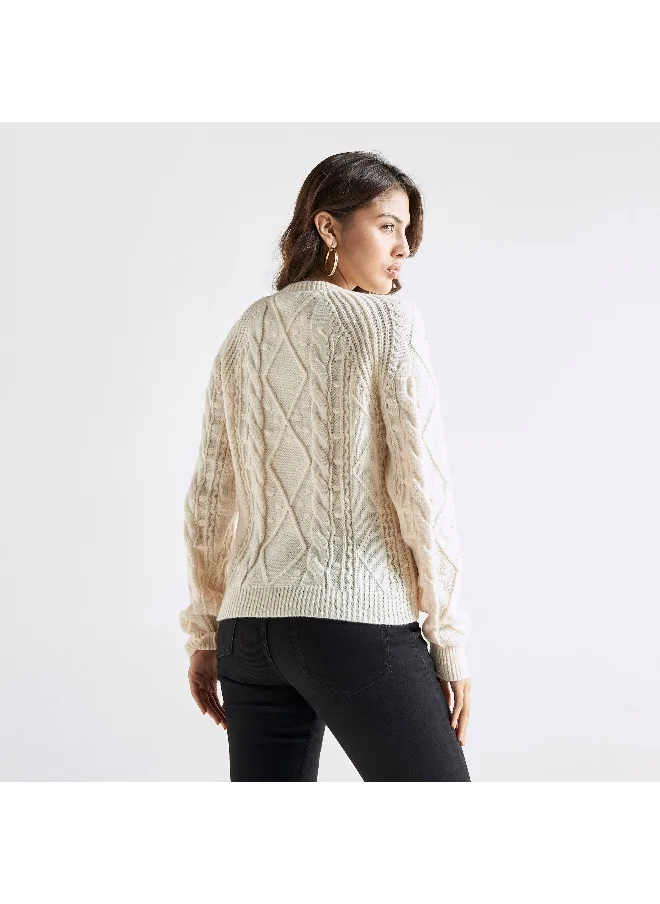 FAV Pearls Embellished Cable Knit Sweater with Crew Neck and Long Sleeves