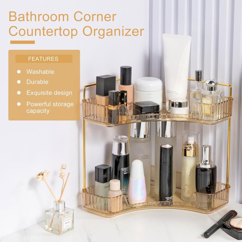 Dravina 2-Tier Makeup Organizer Storage Box | Vanity Tray for Cosmetics, Skincare Organizers, Stationery & Countertop Storage | Bathroom & Dressing Table Organizer, Ideal Gift for Women, Amber/Gold - Image 4