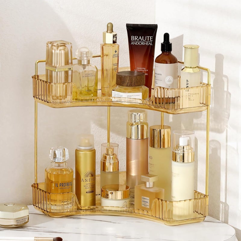 Dravina 2-Tier Makeup Organizer Storage Box | Vanity Tray for Cosmetics, Skincare Organizers, Stationery & Countertop Storage | Bathroom & Dressing Table Organizer, Ideal Gift for Women, Amber/Gold - Image 1