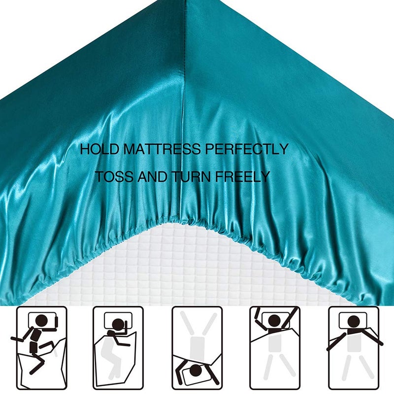 Luxbedding Satin Bed Sheets California King Size Sheets Set  Teal Silk Sheets  4 - Pieces Soft Bedding Set with 1 Deep Pocket Fitted Sheet 1 Flat Sheet 2 Pillowcase  - Image 3