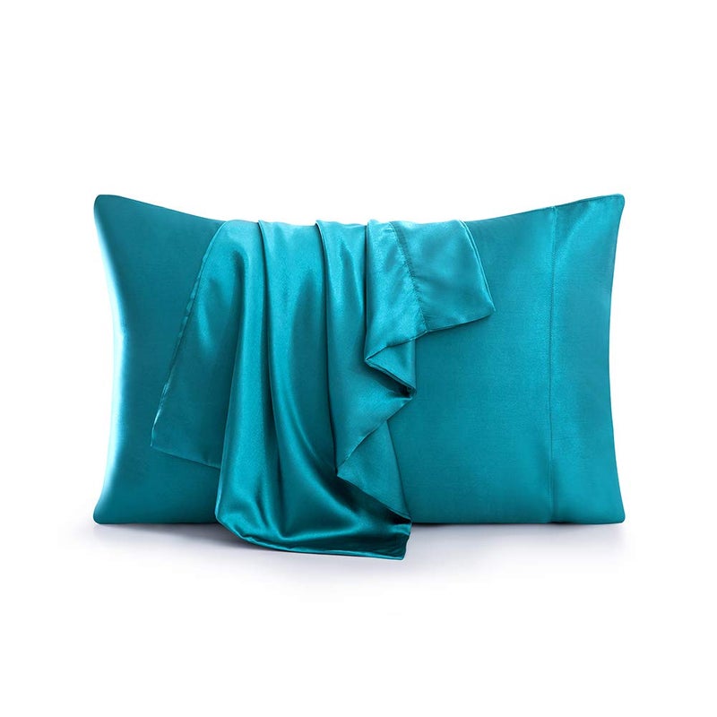 Luxbedding Satin Bed Sheets California King Size Sheets Set  Teal Silk Sheets  4 - Pieces Soft Bedding Set with 1 Deep Pocket Fitted Sheet 1 Flat Sheet 2 Pillowcase  - Image 5