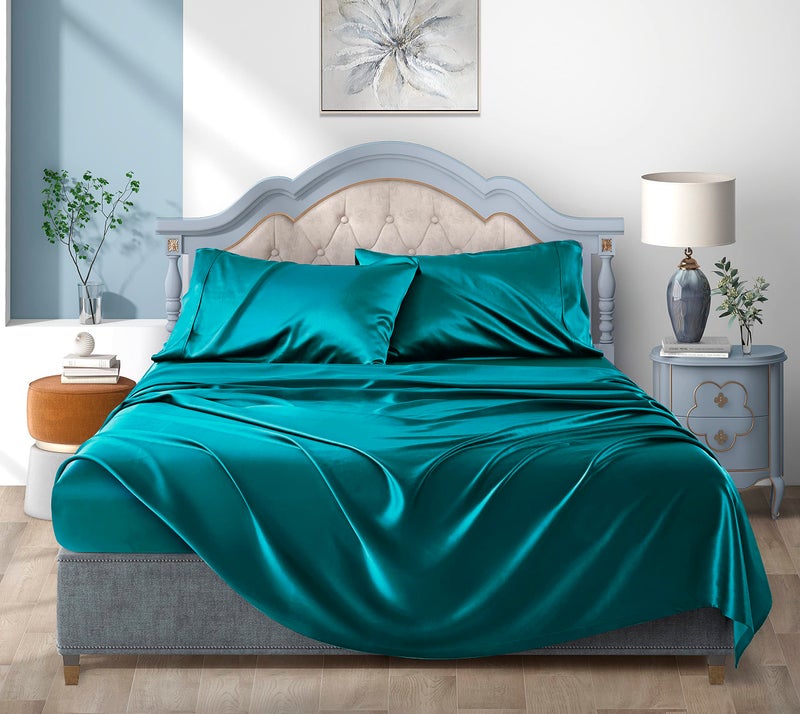 Luxbedding Satin Bed Sheets California King Size Sheets Set  Teal Silk Sheets  4 - Pieces Soft Bedding Set with 1 Deep Pocket Fitted Sheet 1 Flat Sheet 2 Pillowcase  - Image 2
