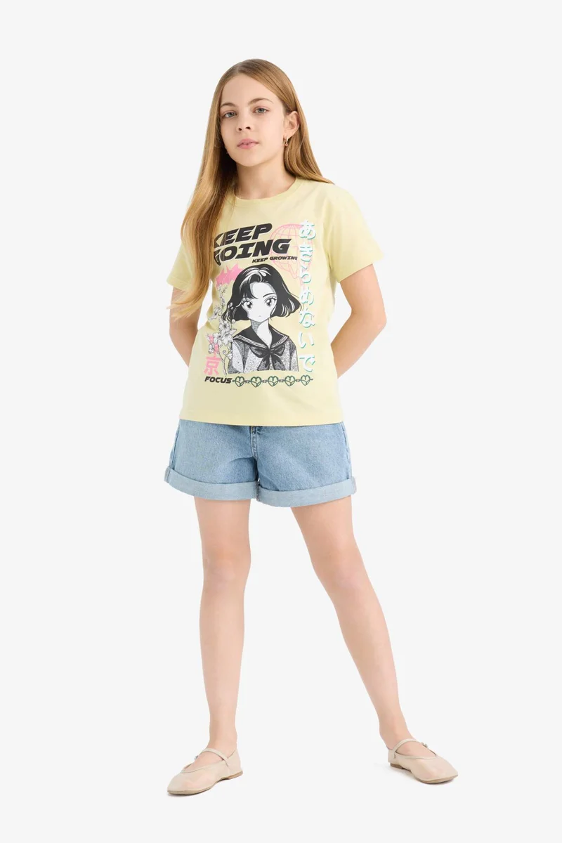 Defacto Girl Regular Fit Crew Neck Anime Printed T-Shirt