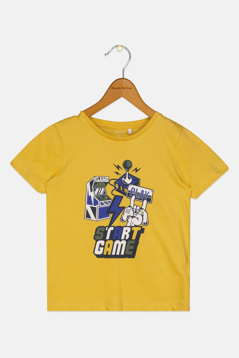 NAME IT تي شيرت قصير الأكمام بطباعة رسومية للأولاد الصغار، أصفر - Image 1