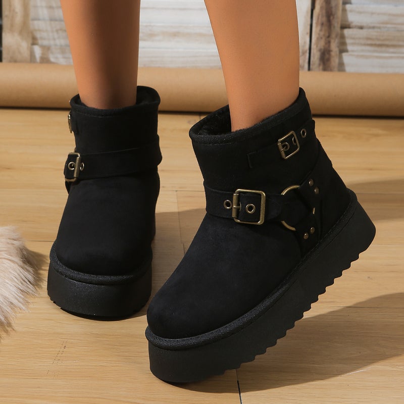 Women's Warm Faux Suede Pull-On Platform Boots with Faux Fur Lining and Buckle - Image 3