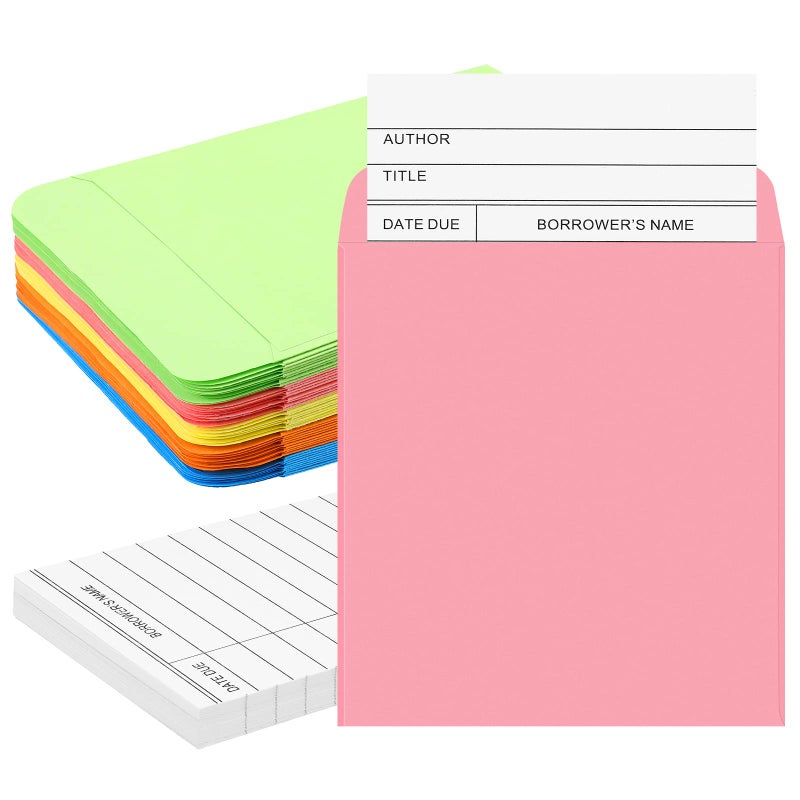 Fainne 100 Pieces Library Card Pocket with Envelopes Self Adhesive Book Library Checkout Cards for Cds Dvds School Classroom Office Supplies and Gift Tag(Colorful Pocket) - Image 1