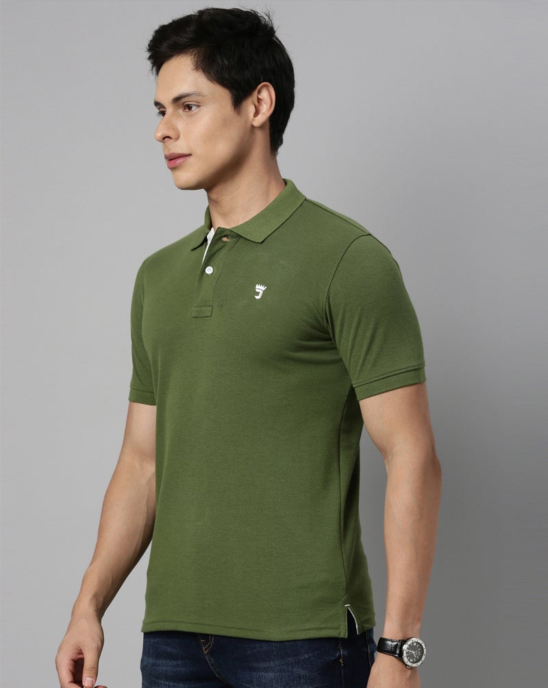 جوفن تيشيرت بولو قطن خالص رجالي أخضر سادة - Image 3