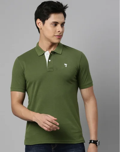 Joven Men Green Solid Polo Collar Pure Cotton T-Shirt