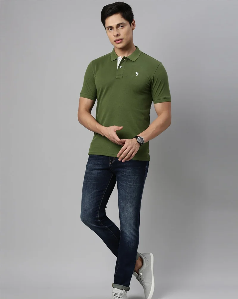 Joven Green Men Green Solid Polo Collar Pure Cotton T-Shirt for Men | Best Price UAE