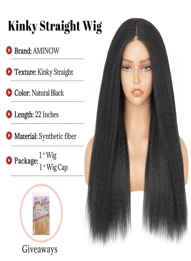 Aminow شعر مستعار Aminow Kinky Straight Wear and Go بدون غراء، شعر مستعار صناعي 4x4 أمامي من الدانتيل للنساء ذوات البشرة السمراء، ناعم وطبيعي كالشعر البشري #1B (22 بوصة) - Image 3