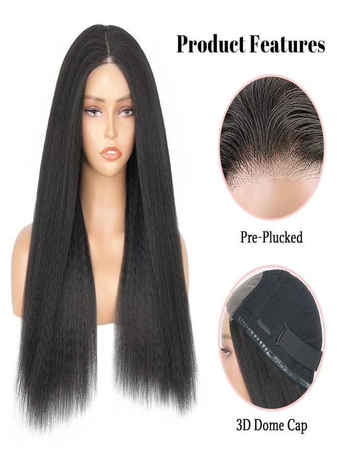 Aminow شعر مستعار Aminow Kinky Straight Wear and Go بدون غراء، شعر مستعار صناعي 4x4 أمامي من الدانتيل للنساء ذوات البشرة السمراء، ناعم وطبيعي كالشعر البشري #1B (22 بوصة) - Image 4