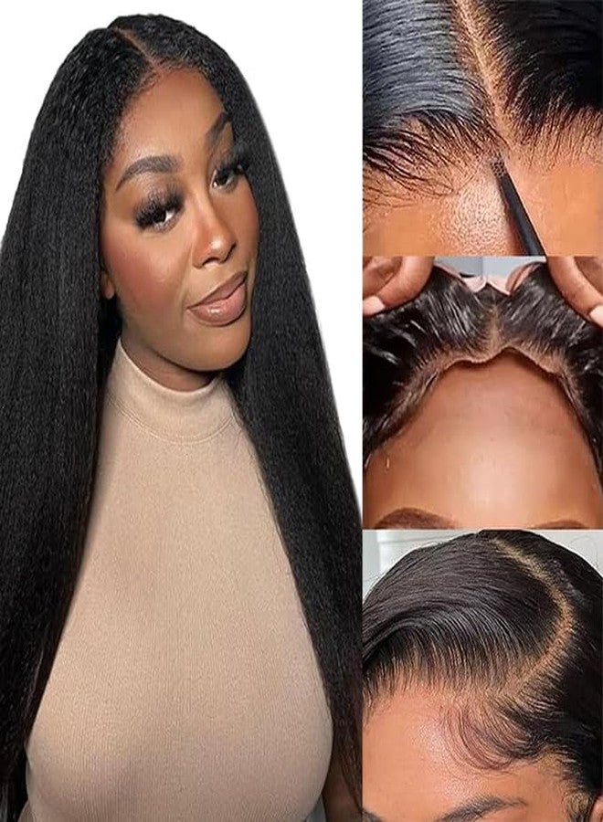 Aminow شعر مستعار Aminow Kinky Straight Wear and Go بدون غراء، شعر مستعار صناعي 4x4 أمامي من الدانتيل للنساء ذوات البشرة السمراء، ناعم وطبيعي كالشعر البشري #1B (22 بوصة) - Image 1