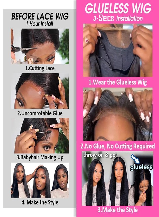 Aminow شعر مستعار Aminow Kinky Straight Wear and Go بدون غراء، شعر مستعار صناعي 4x4 أمامي من الدانتيل للنساء ذوات البشرة السمراء، ناعم وطبيعي كالشعر البشري #1B (22 بوصة) - Image 2