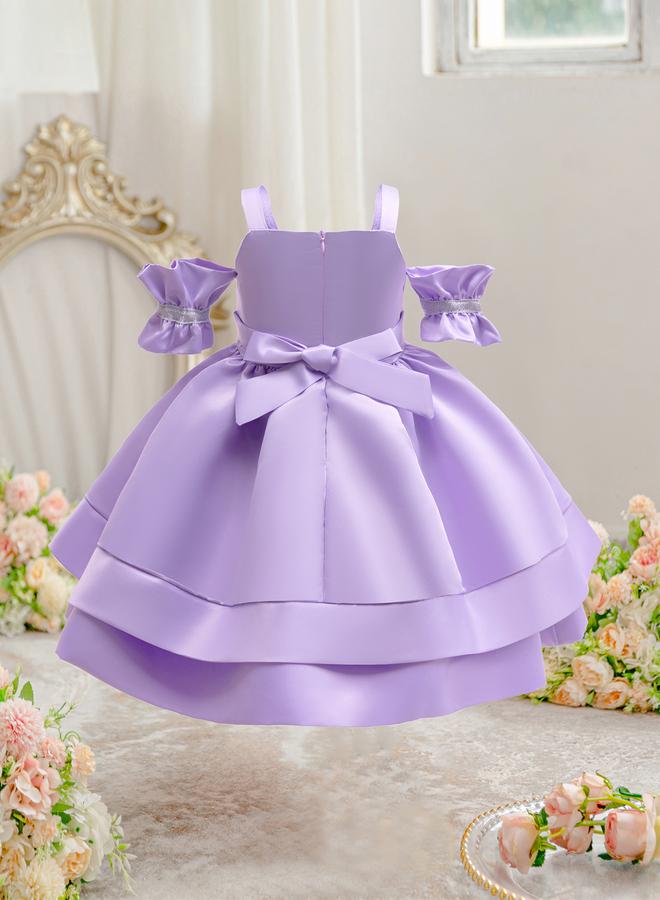 Take Two فستان بناتي بنفسجي مع طيات وحمالات رفيعة - Image 3