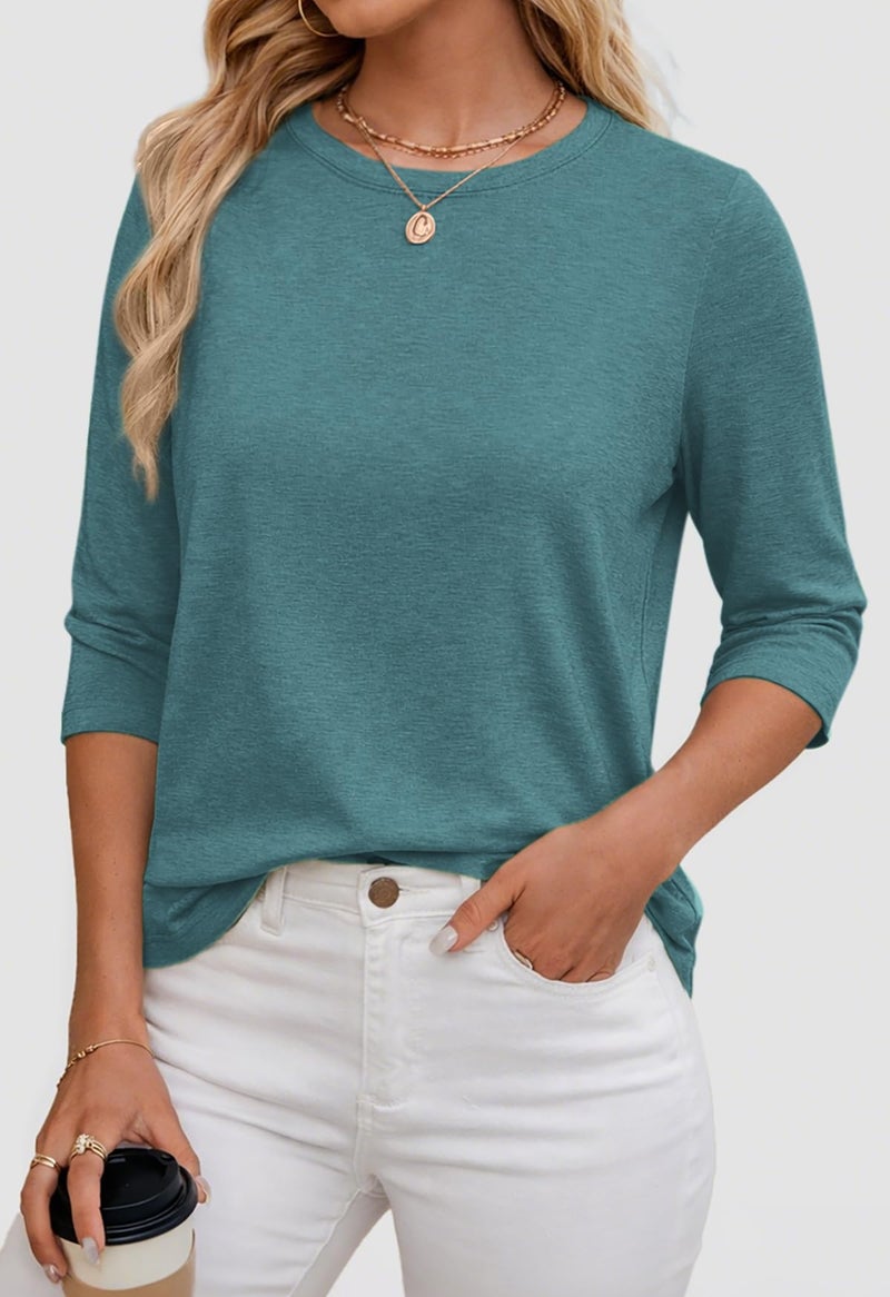 ATHMILE Ladies Tops Blouses 3/4 Sleeve T-Shirts Crewneck Cute Tunic Tops Basic Tees Loose Fit Teacher Outfit Dressy Casual Blue Green - Image 2