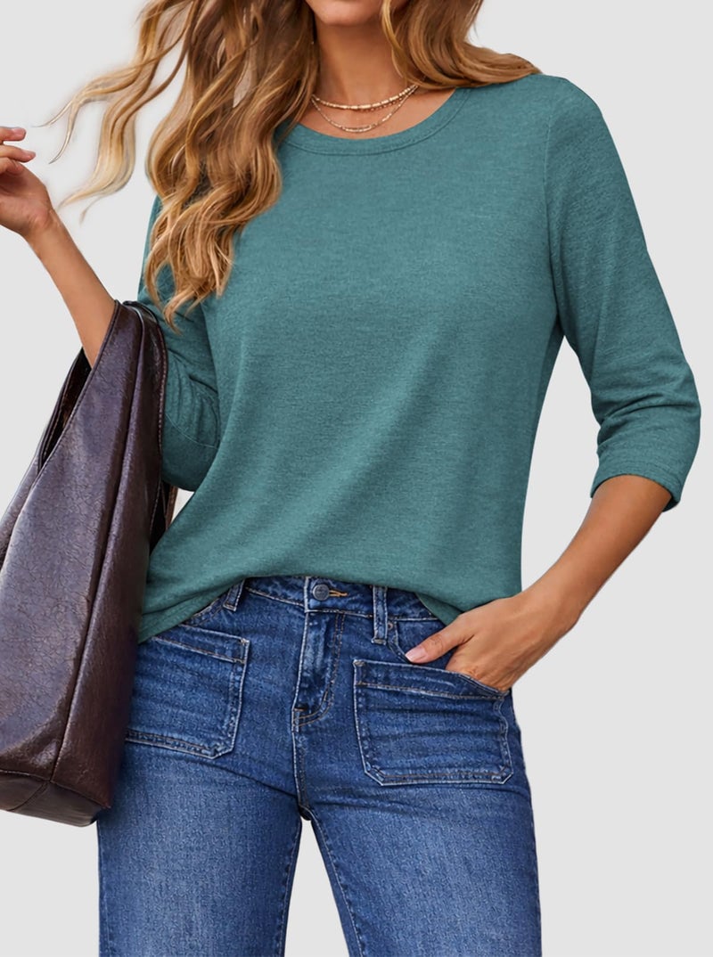 ATHMILE Ladies Tops Blouses 3/4 Sleeve T-Shirts Crewneck Cute Tunic Tops Basic Tees Loose Fit Teacher Outfit Dressy Casual Blue Green - Image 3