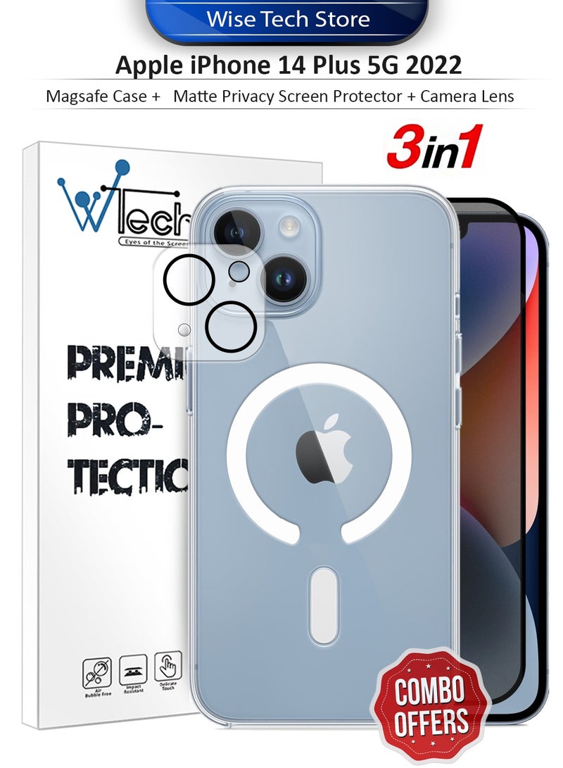 دبليو تيك حزمة حماية 3 في 1 لهاتف آبل آيفون 14 بلس 5G 2022، غطاء شفاف ومقاوم للصدمات مع ماسج سيف، واقي شاشة حريري غير لامع للخصوصية وواقي عدسة الكاميرا بحماية 360، سهل التركيب - شفاف/أسود - Image 1