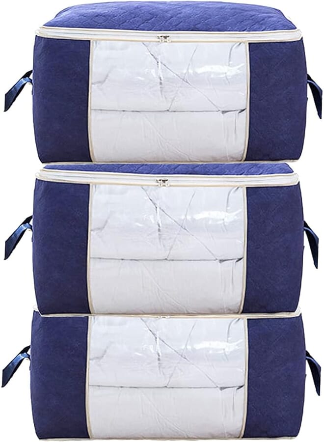 3 Pack Large Capacity Clothes Storage Bags Foldable Underbed Closet Organizer Thick Breathable Fabric Bags for Clothing Comforters Blankets Bedding With Sturdy Zipper Clear Window (Navy Blue-Style 1)