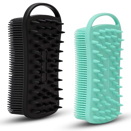 MtBoi 2 PC Silicone Body Scrubber, 2 in 1 Exfoliating Shower Bath Scrubber, Soft Silicone Loofah for Sensitive Skin, Shower Hair Scalp Massager, Easy to Clean, Lather Well (Black&Green) - Image 1