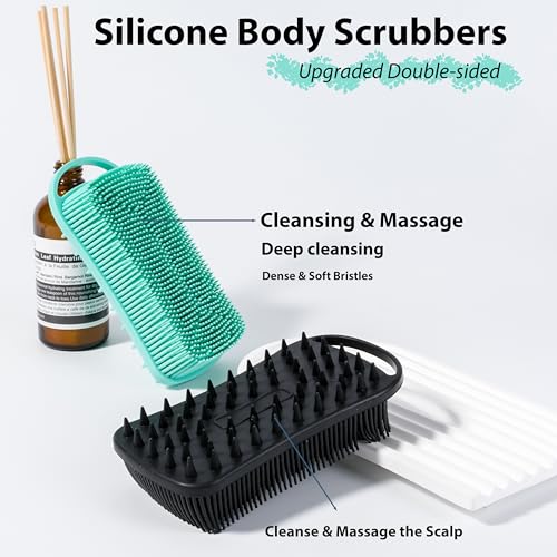 MtBoi 2 PC Silicone Body Scrubber, 2 in 1 Exfoliating Shower Bath Scrubber, Soft Silicone Loofah for Sensitive Skin, Shower Hair Scalp Massager, Easy to Clean, Lather Well (Black&Green) - Image 2