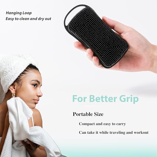 MtBoi 2 PC Silicone Body Scrubber, 2 in 1 Exfoliating Shower Bath Scrubber, Soft Silicone Loofah for Sensitive Skin, Shower Hair Scalp Massager, Easy to Clean, Lather Well (Black&Green) - Image 3