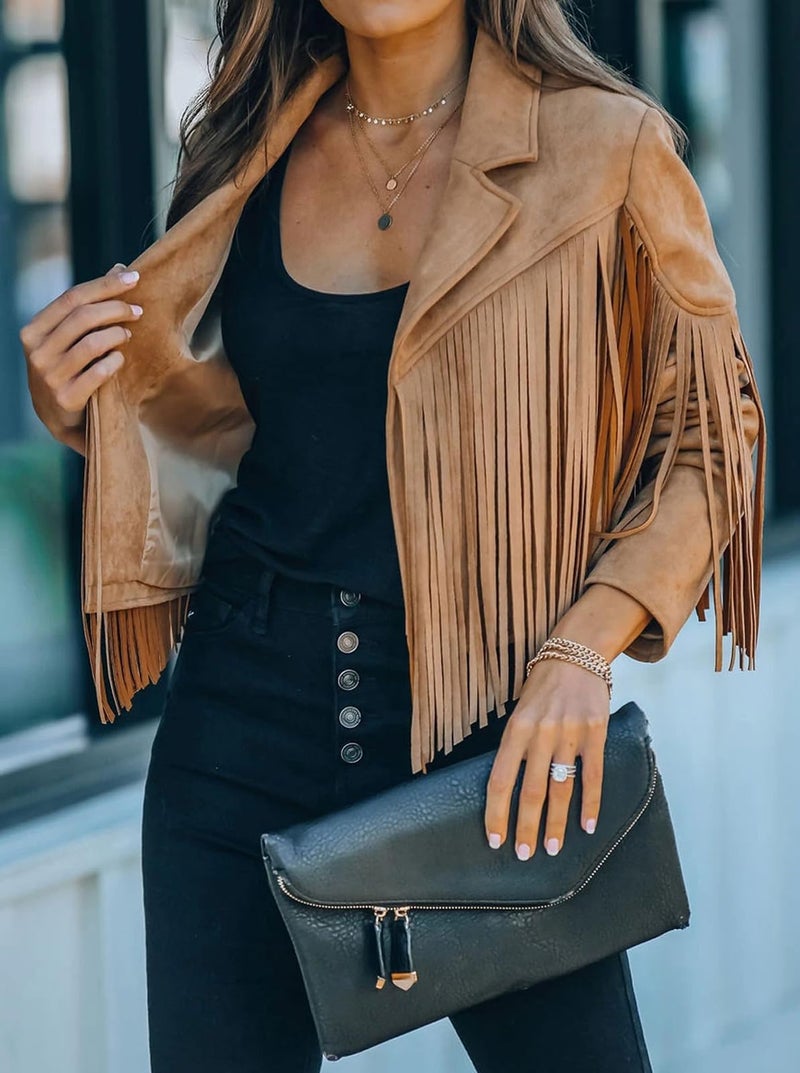 Bibowa Faux Suede Leather Jackets For Women Trendy Cowgirl Outfits Fall Western Fringe Cropped Jacket 2025 Tassel Motorcycle Crop Coats Winter Dark Khaki M - Image 2