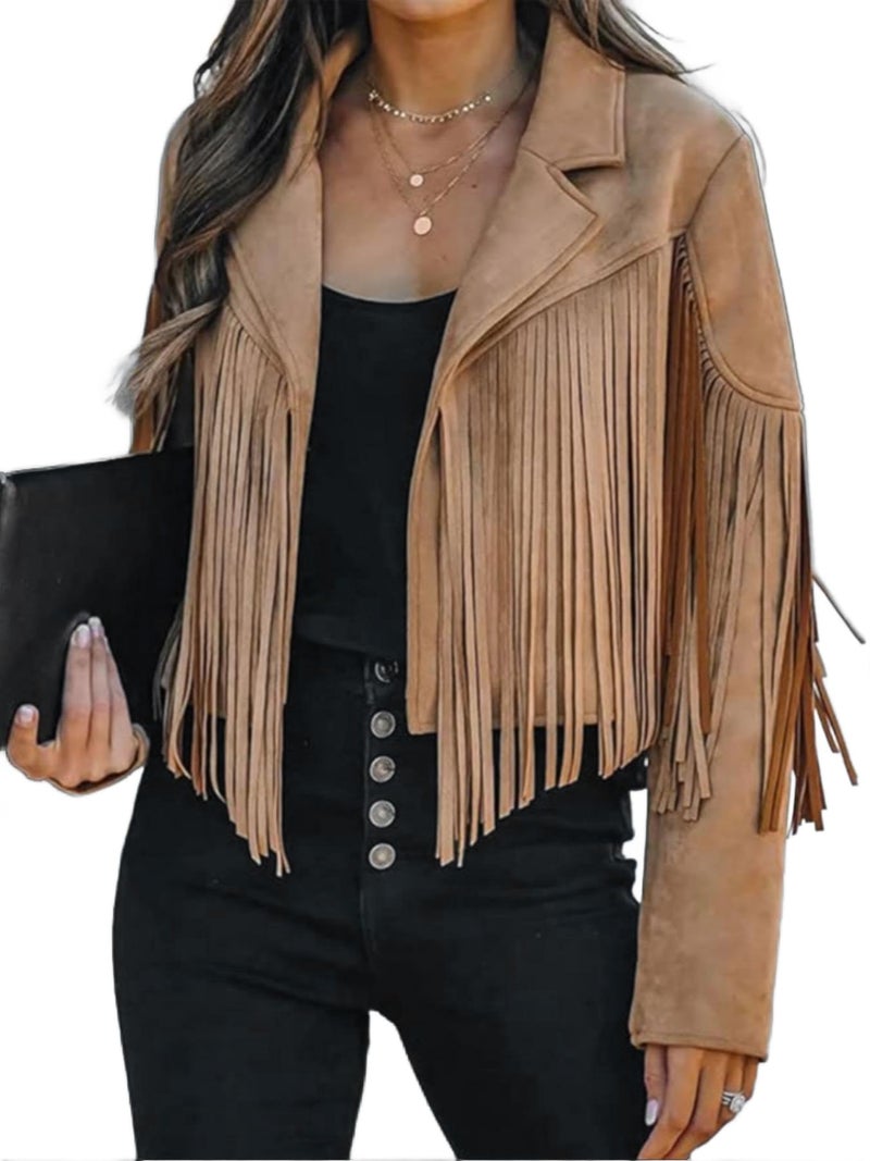 Bibowa Faux Suede Leather Jackets For Women Trendy Cowgirl Outfits Fall Western Fringe Cropped Jacket 2025 Tassel Motorcycle Crop Coats Winter Dark Khaki M - Image 1