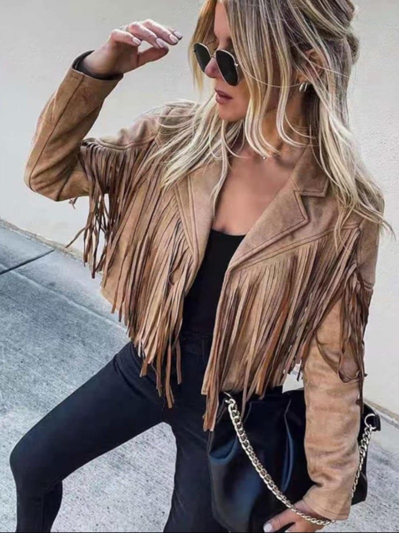 Bibowa Faux Suede Leather Jackets For Women Trendy Cowgirl Outfits Fall Western Fringe Cropped Jacket 2025 Tassel Motorcycle Crop Coats Winter Dark Khaki M - Image 3