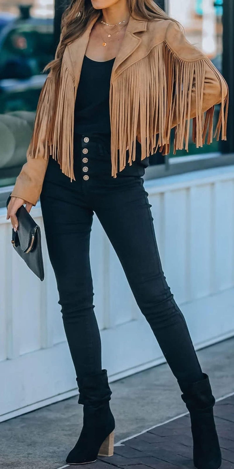 Bibowa Faux Suede Leather Jackets For Women Trendy Cowgirl Outfits Fall Western Fringe Cropped Jacket 2025 Tassel Motorcycle Crop Coats Winter Dark Khaki M - Image 4