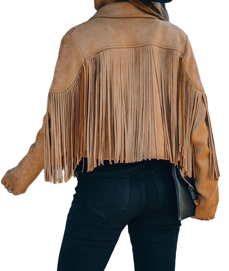 Bibowa Faux Suede Leather Jackets For Women Trendy Cowgirl Outfits Fall Western Fringe Cropped Jacket 2025 Tassel Motorcycle Crop Coats Winter Dark Khaki M - Image 5