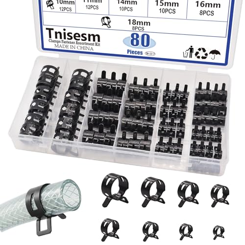 Tnisesm 80Pcs Spring Band Hose Clamps Assortment kits Silicone Vacuum Hose Pipe Clamp 7mm 9mm 10mm 11mm 14mm 15mm 16mm 18mm Low Pressure Air Clip Clamp(Black) - Image 1