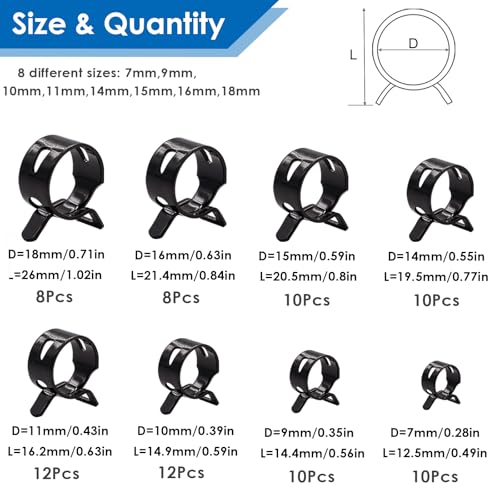 Tnisesm 80Pcs Spring Band Hose Clamps Assortment kits Silicone Vacuum Hose Pipe Clamp 7mm 9mm 10mm 11mm 14mm 15mm 16mm 18mm Low Pressure Air Clip Clamp(Black) - Image 2