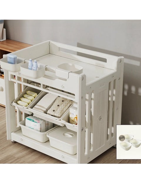 Changing Table with Wheels, Diaper Table with for Infant and Newborn, Durable and Stable Baby Changing Table with 5 Storage Box, 3 Hanging box, Latex Pillow and Latex Mat