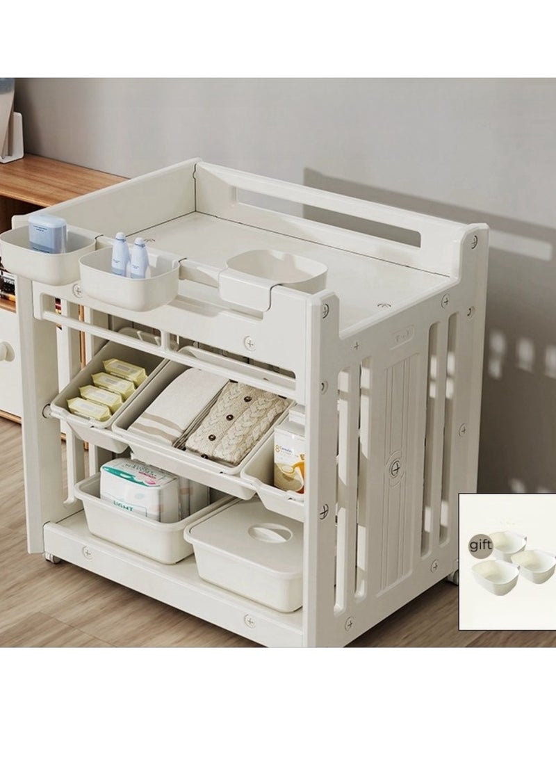 Changing Table with Wheels, Diaper Table with for Infant and Newborn, Durable and Stable Baby Changing Table with 5 Storage Box, 3 Hanging box, Latex Pillow and Latex Mat