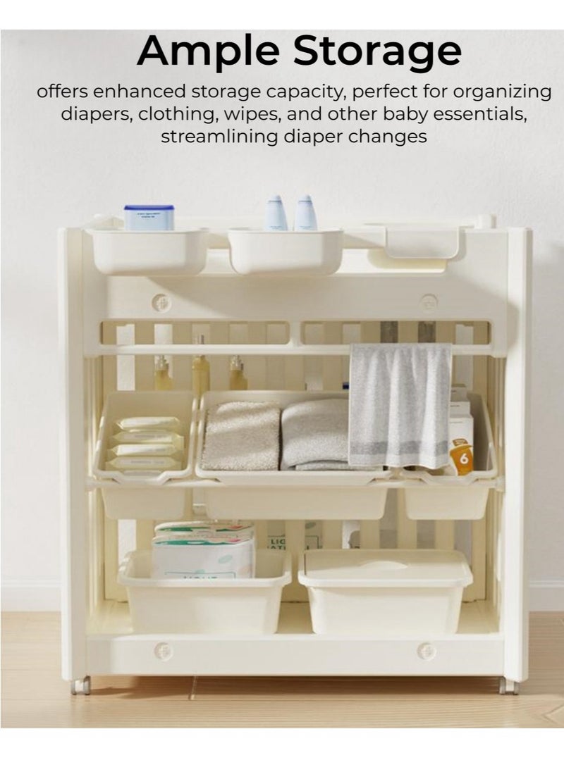 Changing Table with Wheels, Diaper Table with for Infant and Newborn, Durable and Stable Baby Changing Table with 5 Storage Box, 3 Hanging box, Latex Pillow and Latex Mat