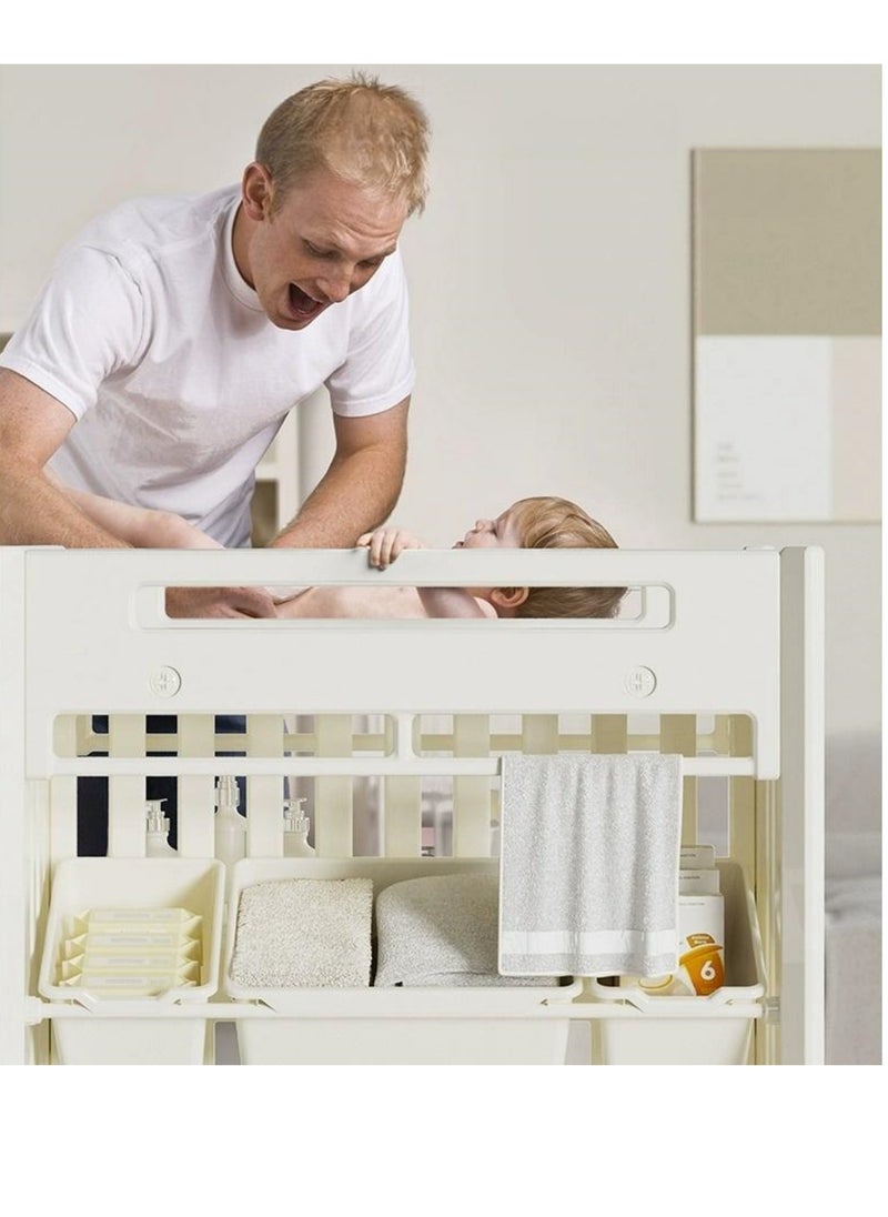 Changing Table with Wheels, Diaper Table with for Infant and Newborn, Durable and Stable Baby Changing Table with 5 Storage Box, 3 Hanging box, Latex Pillow and Latex Mat