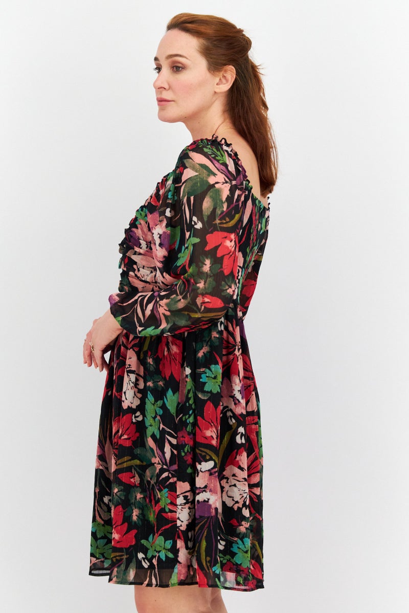 Tahari Women Floral Print Chiffon Pleated Empire Waist Mini Dress, Black Combo - Image 3