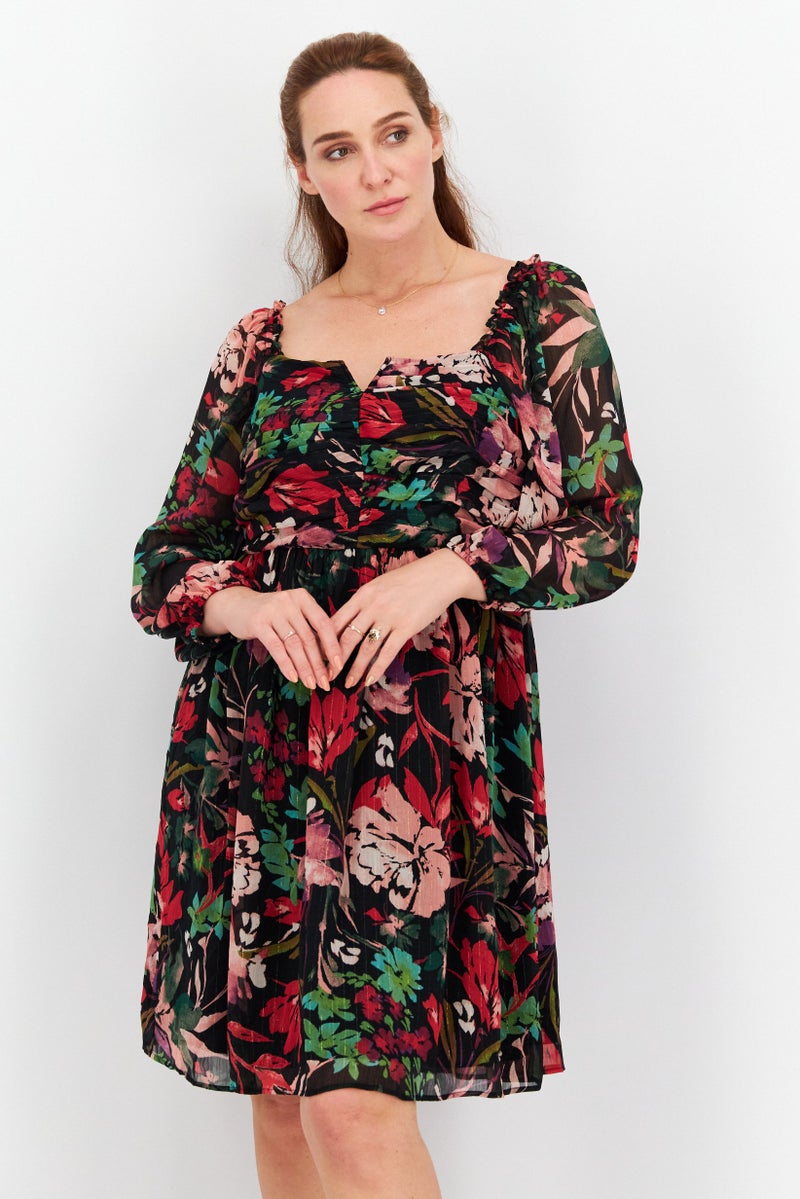 Tahari Women Floral Print Chiffon Pleated Empire Waist Mini Dress, Black Combo - Image 1