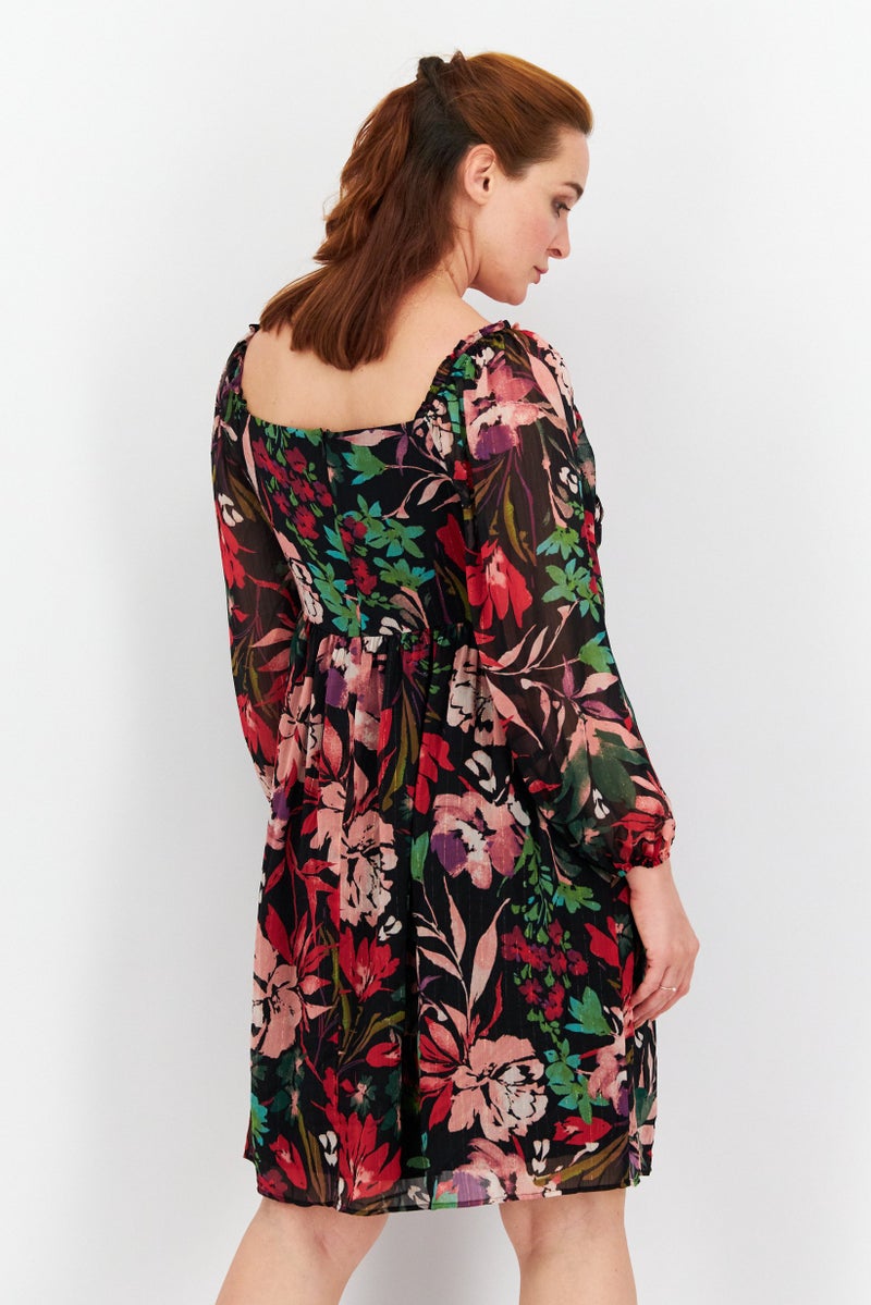 Tahari Women Floral Print Chiffon Pleated Empire Waist Mini Dress, Black Combo - Image 2